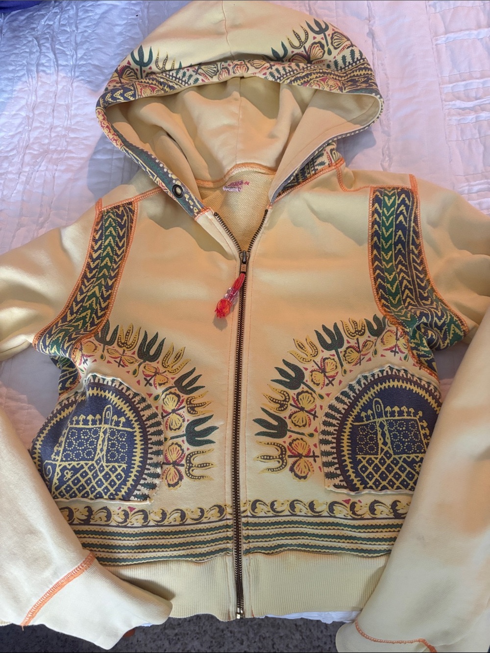 Free People Yellow Zip-Up Hoodie with Multicolor Boho Print